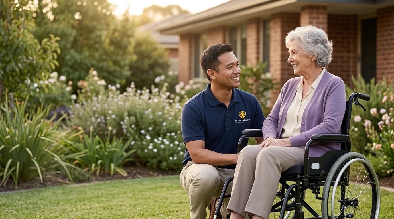A smiling Providence support worker kneeling beside a client in a wheelchair in a garden