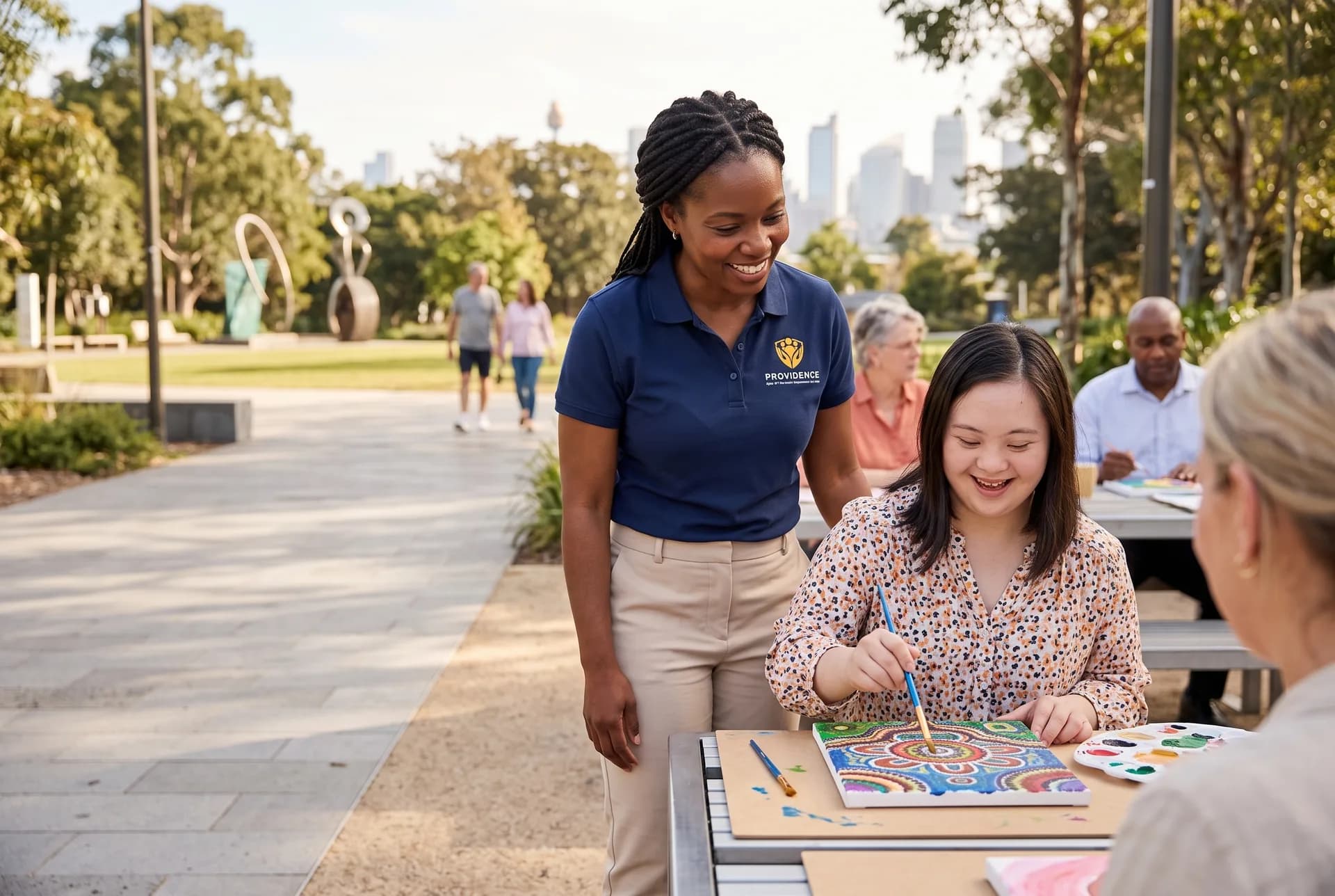 Providence support worker and participant taking part in a community art activity in a park