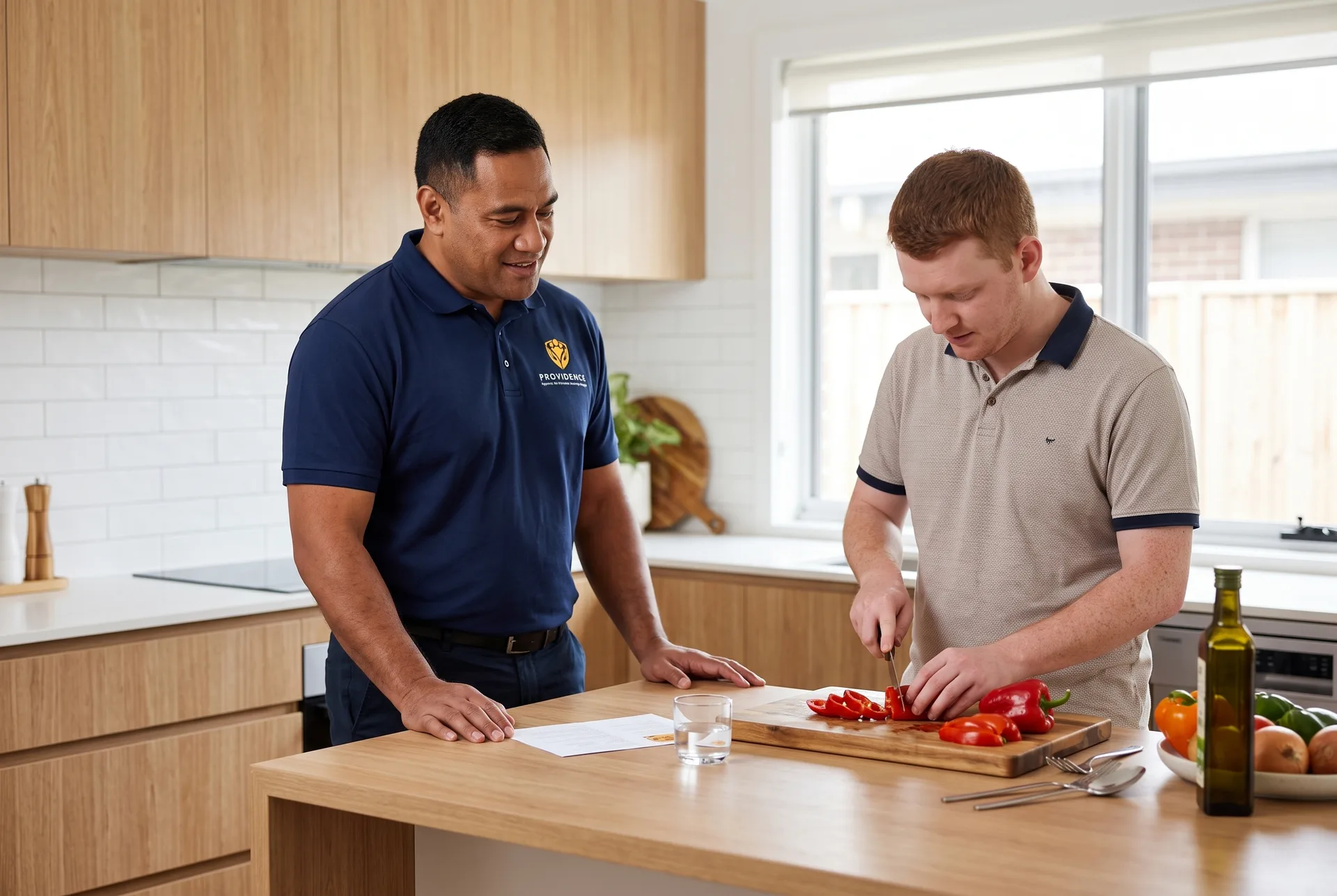 Providence support worker and participant preparing food together in the kitchen