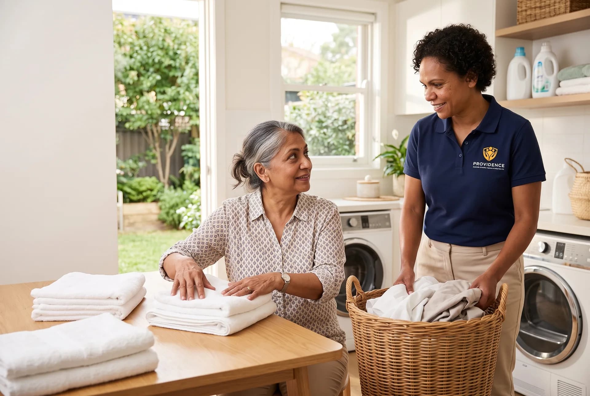 Providence support worker and participant folding laundry together at home