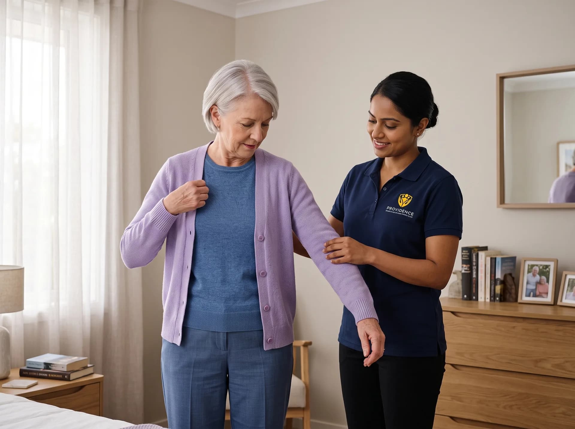 Providence support worker helping a participant get dressed in her bedroom at home