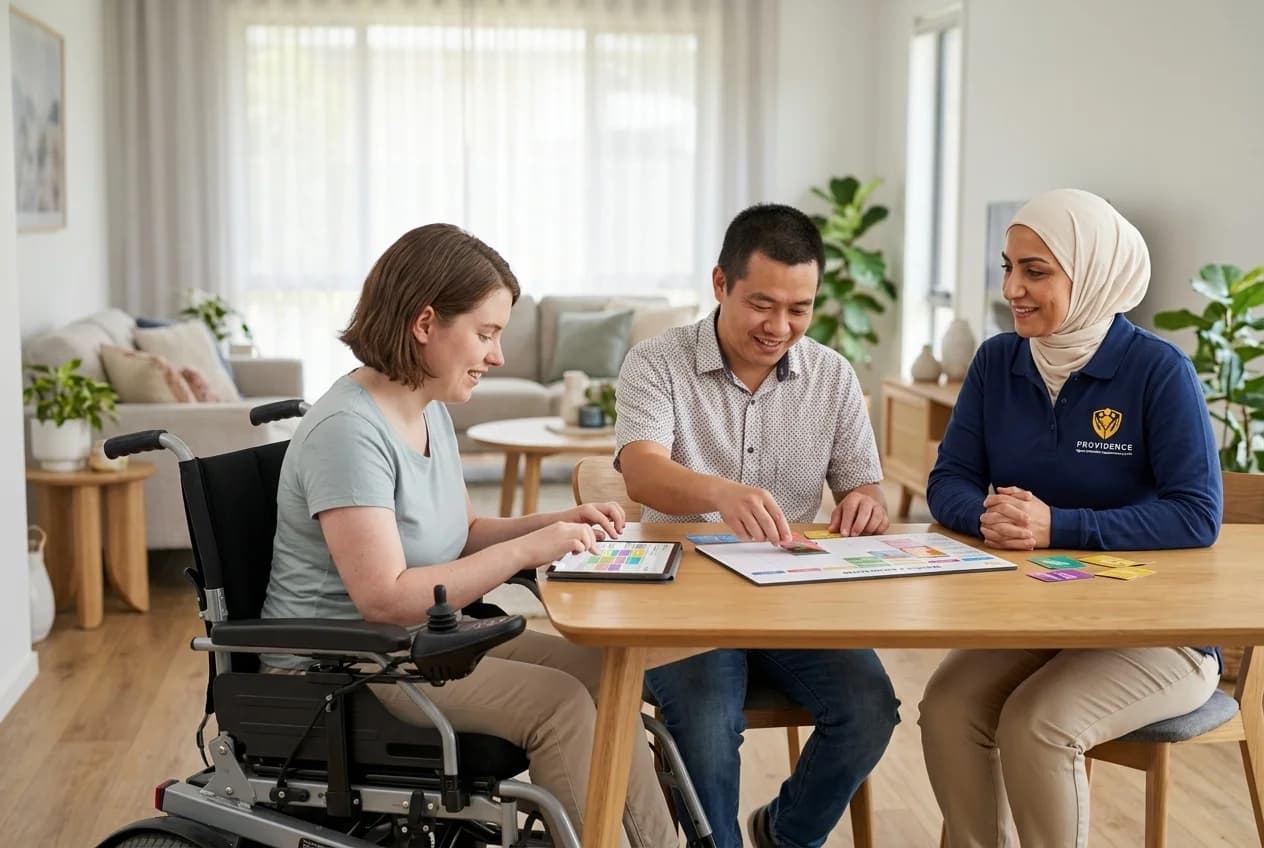 Two participants and a Providence support worker sitting together around a table at home