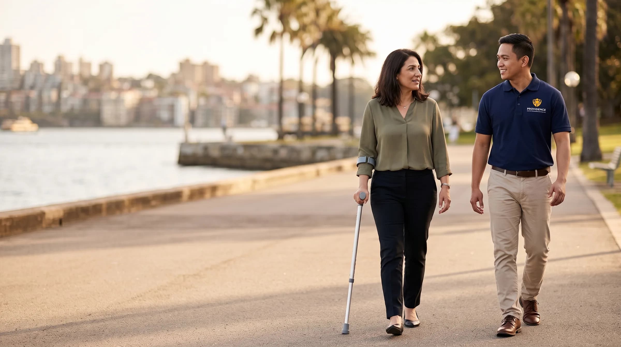 A Providence support worker walking alongside a client using a mobility aid on a harbourside path